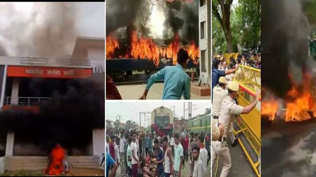 Agnipath Scheme Protest : பாஜக அலுவலகம் தீ வைப்பு முதல் 144 தடை வரை பற்றி எறியும் வட மாநிலங்கள் Agnipath Scheme Protest : பாஜக அலுவலகம் தீ வைப்பு முதல் 144 தடை வரை பற்றி எறியும் வட மாநிலங்கள்