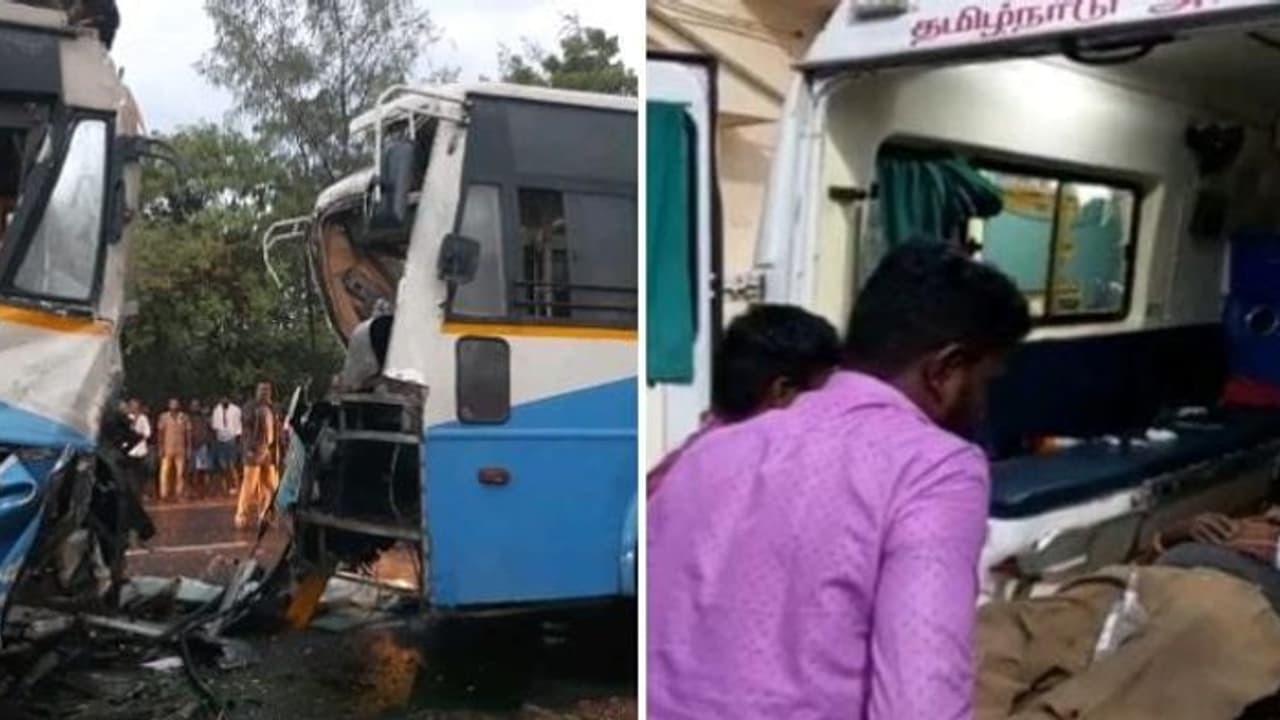 தாறுமாறாக ஓடி நேருக்கு நேர் மோதிய அரசு பேருந்துகள்..! விபத்தில் சிக்கிய 45 பயணிகளின் கதி என்ன ?