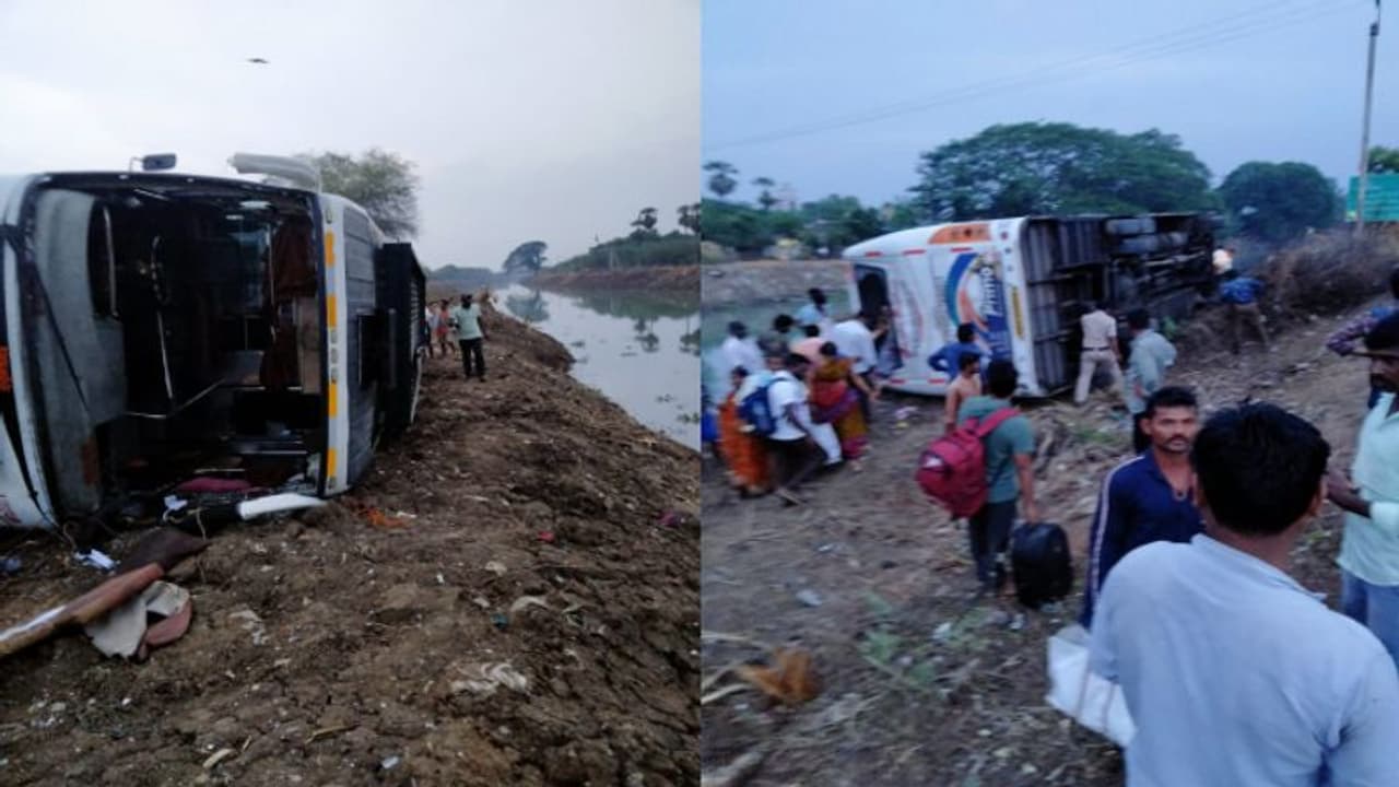 ఏలూరులో తప్పిన పెను ప్రమాదం... 50మంది ప్రయాణికులతో వెళుతున్న ట్రావెల్స్ బస్సు బోల్తా