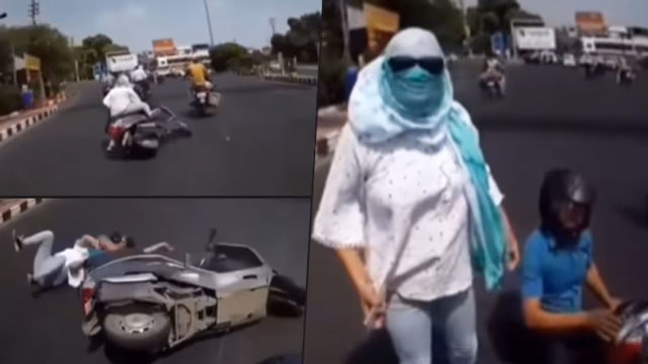 Watch: Woman loses balance and falls off; blames biker behind her
