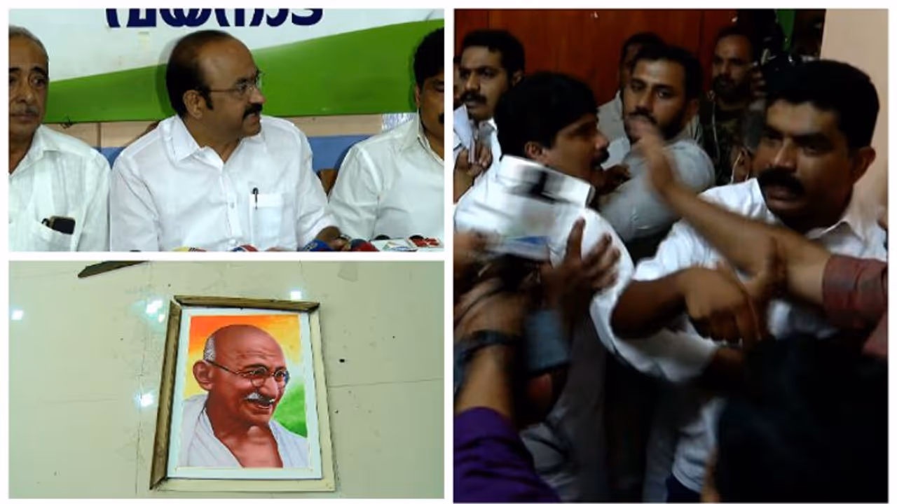ഗാന്ധിജിയുടെ ചിത്രം നിലത്തിട്ടതാര്? ചോദ്യത്തിൽ ക്ഷുഭിതനായി വി ഡി സതീശൻ, നാടകീയ രംഗങ്ങൾ