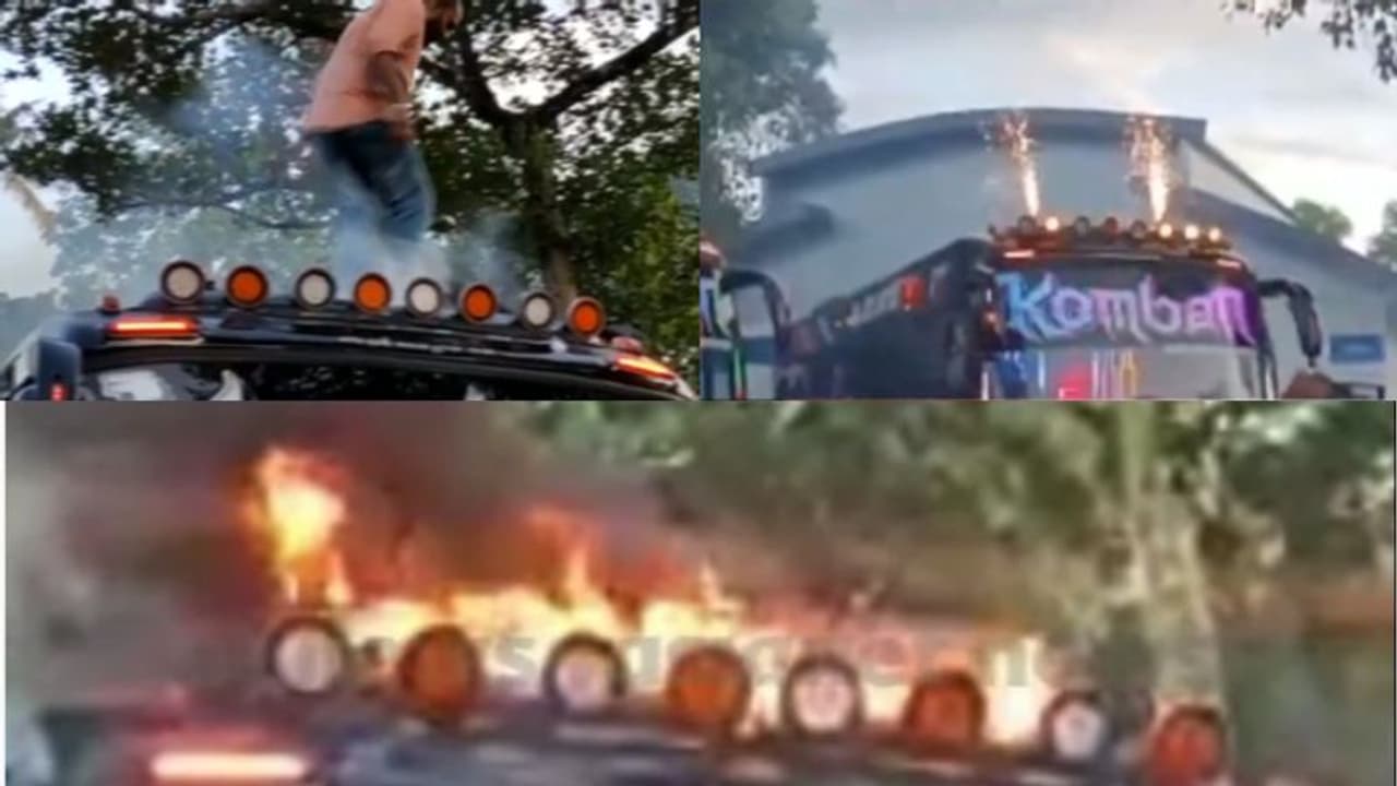 കൊല്ലത്ത് ടൂറിന് കൊഴുപ്പേകാൻ ടൂറിസ്റ്റ് ബസിന് മുകളിൽ പൂത്തിരി കത്തിച്ചു, ബസിന് തീപിടിച്ചു വീഡിയോ
