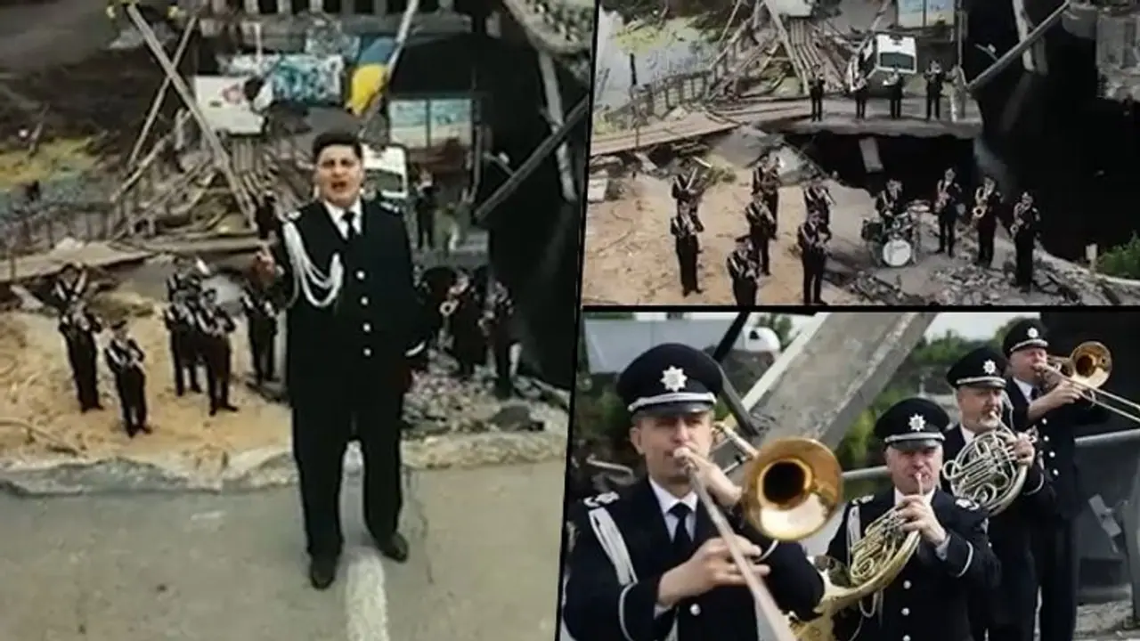 An ode to courage: Ukrainian cops sing national anthem over bridge Russians bombed An ode to courage: Ukrainian cops sing national anthem over bridge Russians bombed