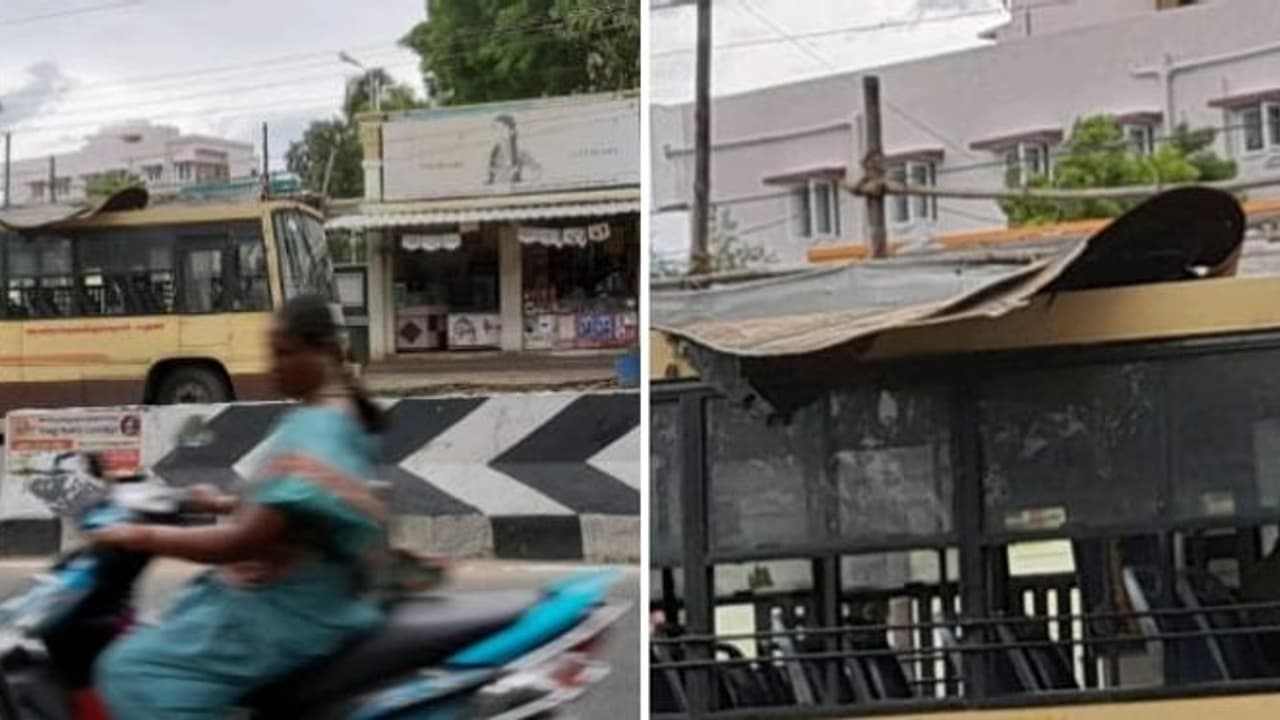 ஆடி மாசமே வரல அதுக்குள்ள கூரை பறக்குது.. அரசு பேருந்தின் அவல நிலை.. தலையில் அடித்துக் கொண்ட மக்கள் ஆடி மாசமே வரல அதுக்குள்ள கூரை பறக்குது.. அரசு பேருந்தின் அவல நிலை.. தலையில் அடித்துக் கொண்ட மக்கள்