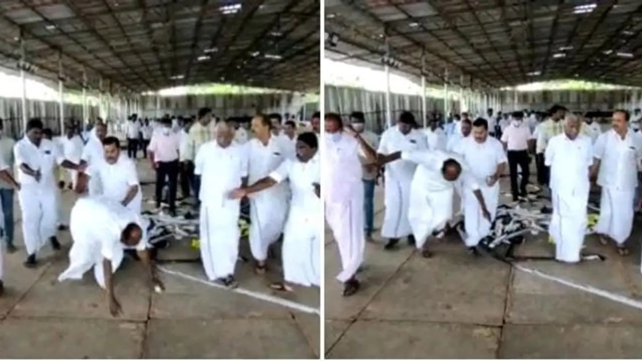 பொதுக்குழு பணியை பார்வையிட சென்ற முன்னாள் அமைச்சர் நத்தம் விஸ்வநாதன் கால் தவறி கிழே விழுந்ததால் பரபரப்பு