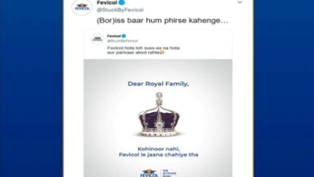 हमारा कोहिनूर: फेविकोल ने 2 साल पहले शाही परिवार पर क्रिएटिव मैसेज से कसा था तंज, अब भेजा बोरिस जॉनसन को हमारा कोहिनूर: फेविकोल ने 2 साल पहले शाही परिवार पर क्रिएटिव मैसेज से कसा था तंज, अब भेजा बोरिस जॉनसन को