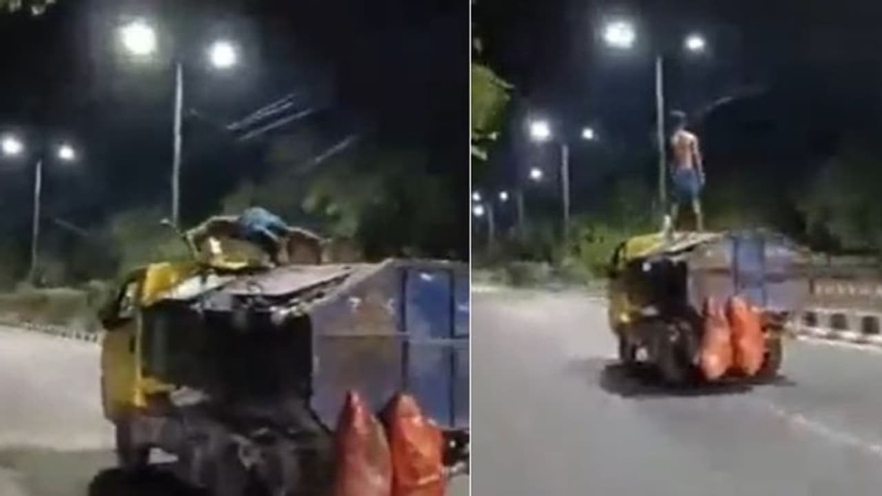 ഓടുന്ന ട്രക്കിന് മുകളില്‍ നിന്ന് 'ശക്തിമാൻ' അഭ്യാസം; ഒടുവില്‍ അപകടം