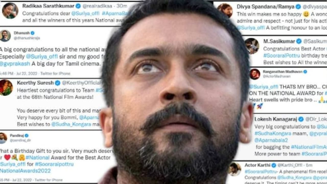 ‘நடிப்பின் நாயகன்’ சூர்யாவுக்கு முதல் தேசிய விருது... எட்டுத்திக்கிலும் இருந்து குவிந்த வாழ்த்து மழை ‘நடிப்பின் நாயகன்’ சூர்யாவுக்கு முதல் தேசிய விருது... எட்டுத்திக்கிலும் இருந்து குவிந்த வாழ்த்து மழை