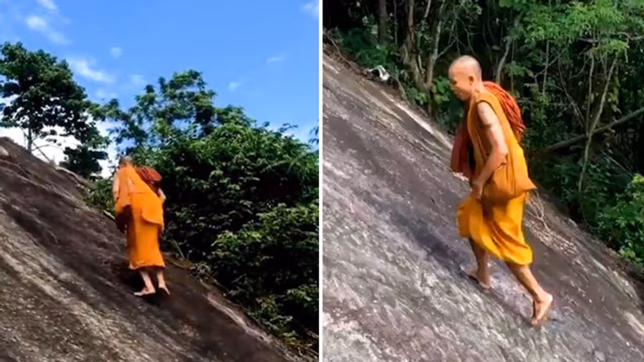Watch: Monk climbs steep mountain effortlessly; netizens left impressed