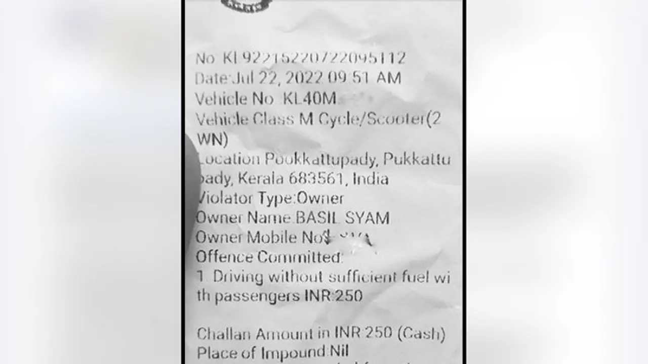 Kerala man shocked after being challaned for ‘driving without sufficient fuel’; photo goes viral Kerala man shocked after being challaned for ‘driving without sufficient fuel’; photo goes viral