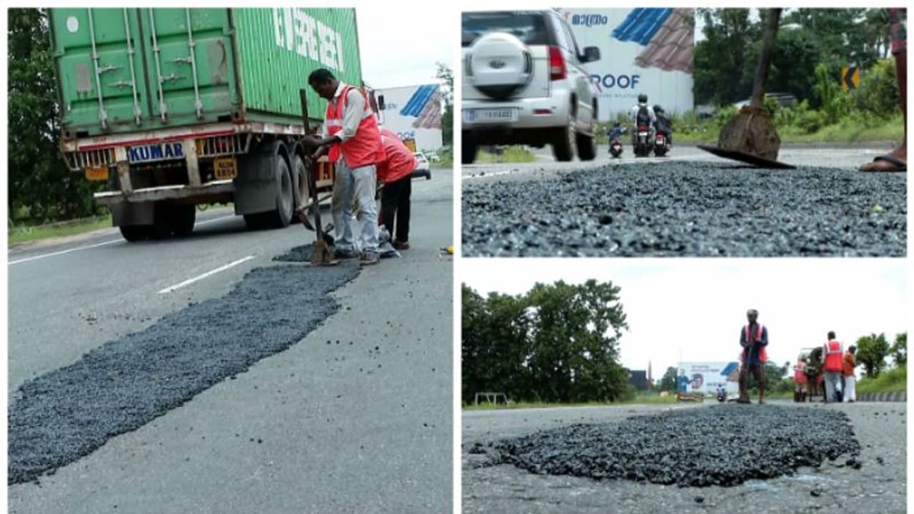 'തട്ടിപ്പ് കുഴിയടയ്ക്കൽ';തൃശൂർ എറണാകുളം ദേശീയ പാതയിൽ കുഴിയടയ്ക്കൽ പേരിന് മാത്രം