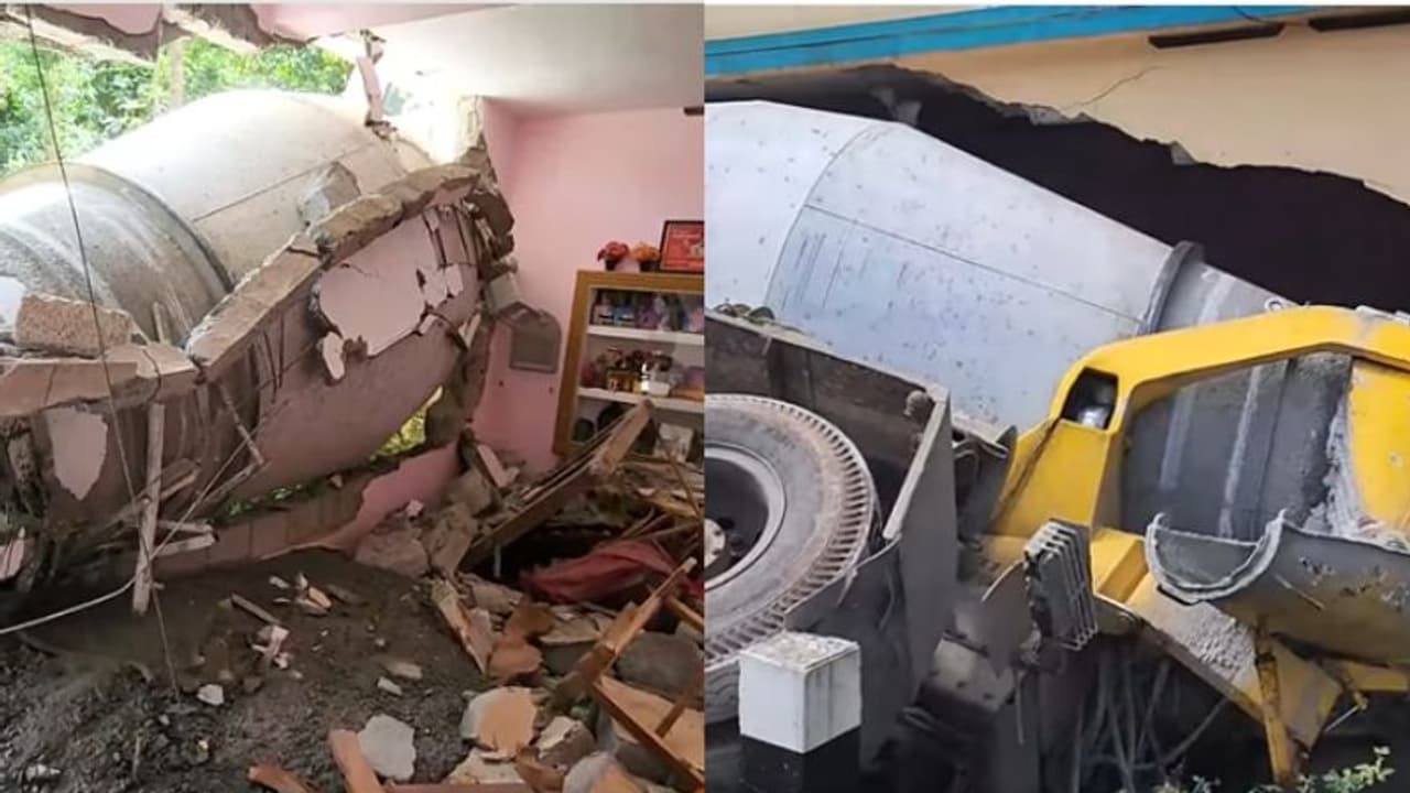 റെഡിമിക്സ് ലോറി കയറ്റത്തിൽ പിന്നോട്ട് പാഞ്ഞു, വീട് തകർത്ത്, ഹാളിൽ കോൺഗ്രീറ്റ് മിശ്രിതം നിറഞ്ഞു, ആളപായമില്ല