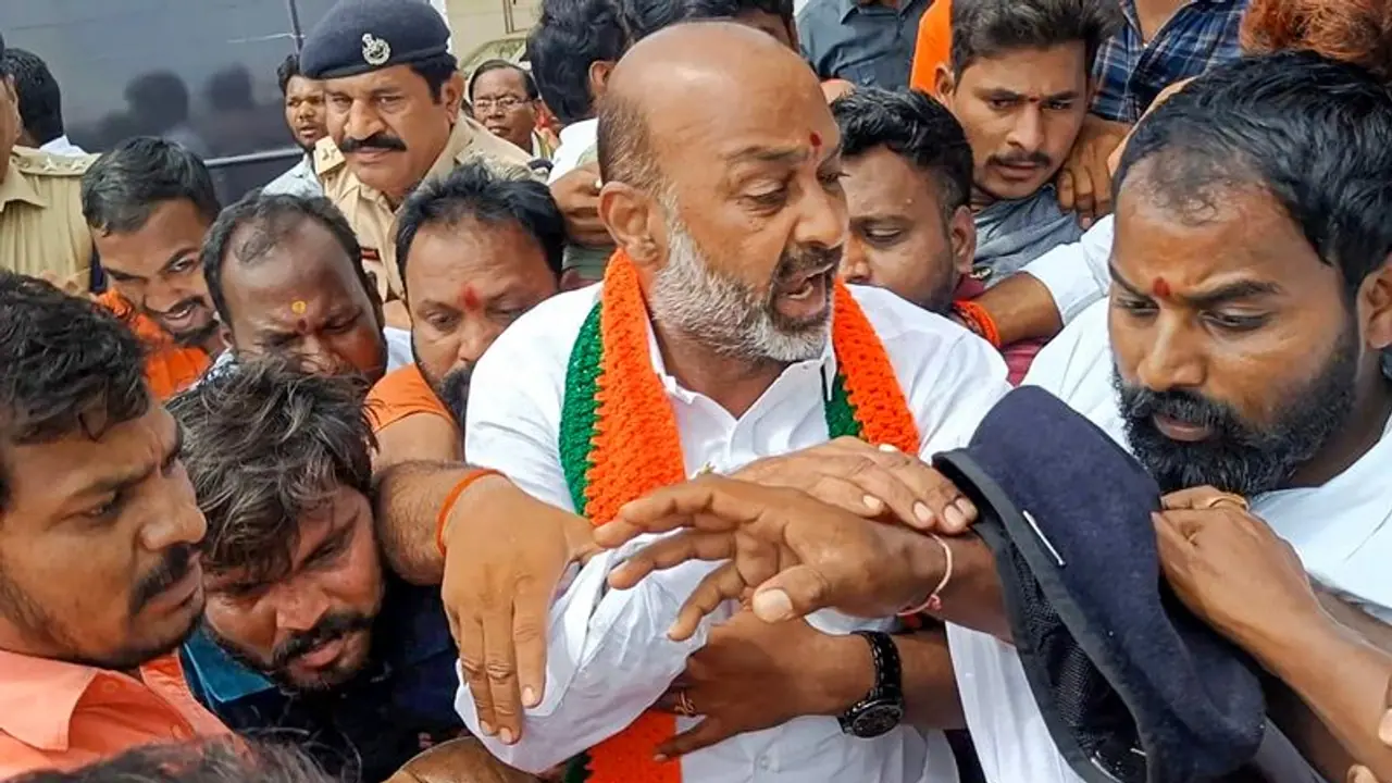 Telangana BJP chief Bandi Sanjay Kumar detained from residence ahead of PM Modi's visit Telangana BJP chief Bandi Sanjay Kumar detained from residence ahead of PM Modi's visit