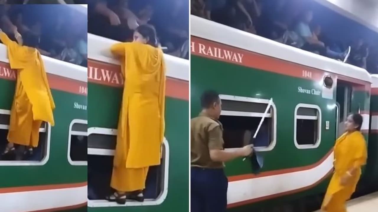 ರೈಲಿನ ಟಾಪ್‌ ಏರಲು ಯತ್ನಿಸುತ್ತಿದ್ದ ಮಹಿಳೆಗೆ ಪೊಲೀಸಪ್ಪನ ಕ್ಲಾಸ್ : ವಿಡಿಯೋ ವೈರಲ್‌