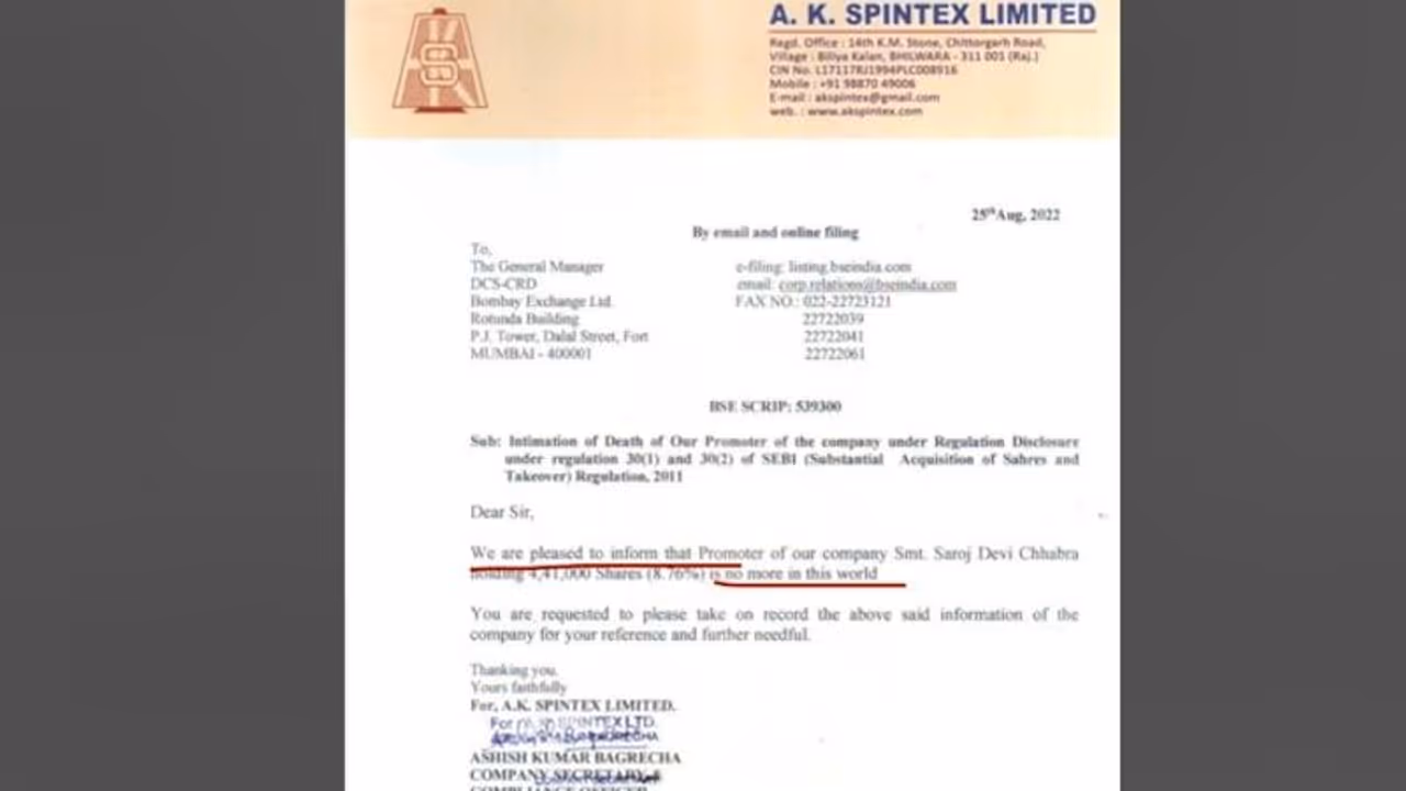 Company's filing says 'pleased to inform' promoter has died; netizens react