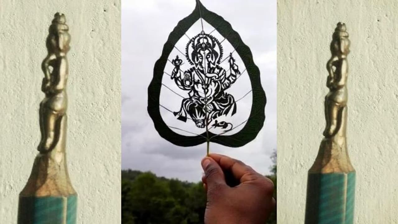 ಕಲಾವಿದರ ಕೈಚಳಕ: ಪೆನ್ಸಿಲ್ ಮೊನೆಯಲ್ಲಿ ಅಶ್ವತ್ಥ ಎಲೆಯಲ್ಲಿ ಮೂಡಿದ ಗಣಪ