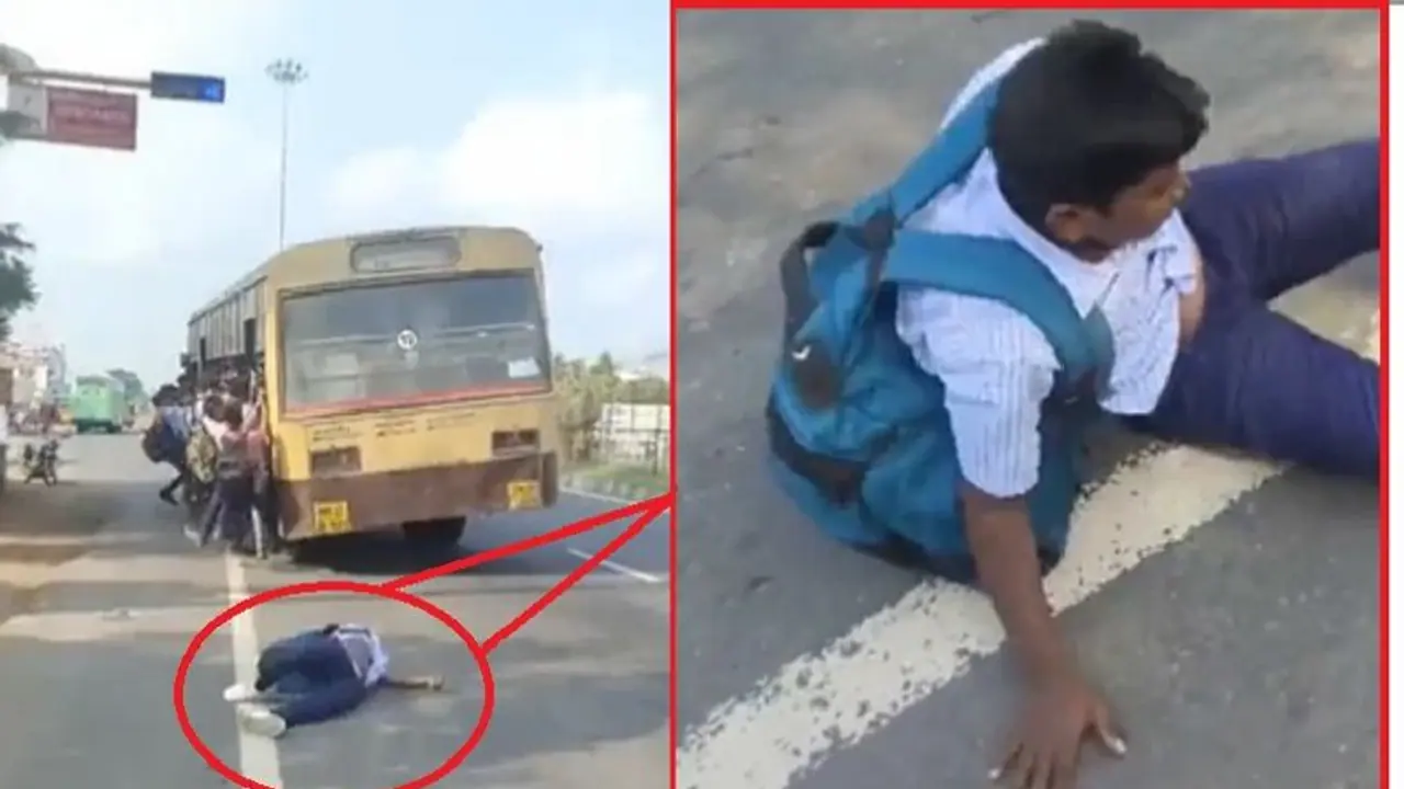 பேருந்தில் படிக்கட்டில் தொங்கிய பள்ளி மாணவன்… நிலை தடுமாறி கீழே விழுந்ததால் பரபரப்பு… வைரலாகும் வீடியோ!!