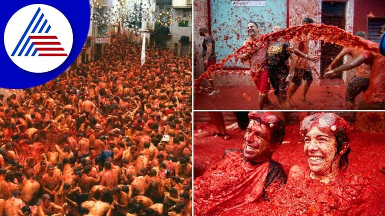 ಸ್ಪೇನ್‌ ನಗರವನ್ನೇ ಕೆಂಪಗಾಗಿಸಿದ ಟೊಮೆಟೋ ಫೆಸ್ಟ್‌: ಇಲ್ಲಿವೆ Colorful photos 