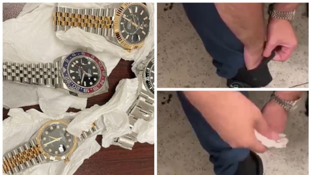 യാത്രക്കാരന് സോക്സിനുള്ളില് ഒളിപ്പിച്ച വിലയേറിയ വാച്ചുകള് വിമാനത്താവളത്തില് പിടികൂടി യാത്രക്കാരന് സോക്സിനുള്ളില് ഒളിപ്പിച്ച വിലയേറിയ വാച്ചുകള് വിമാനത്താവളത്തില് പിടികൂടി