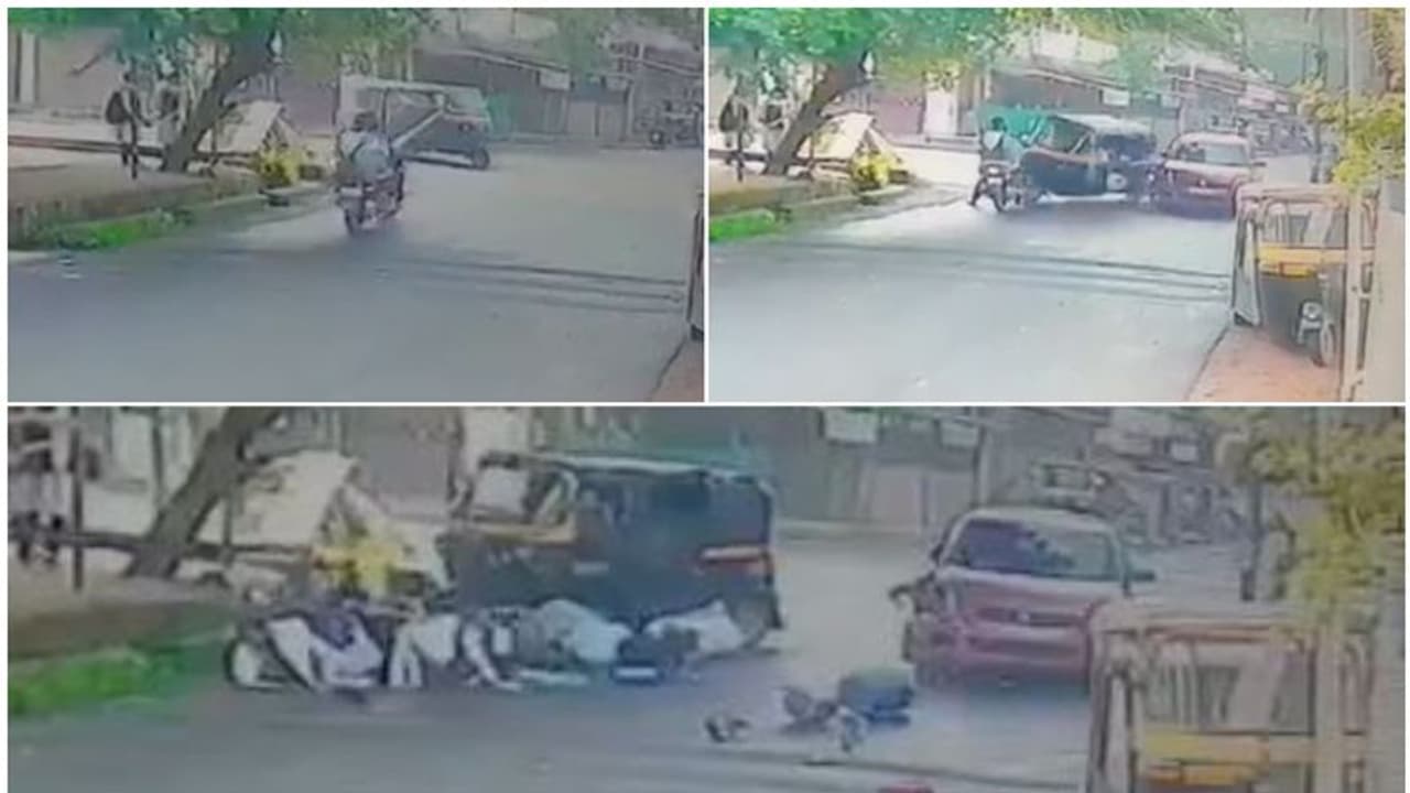 ഹംമ്പിറങ്ങി ബൈക്ക്, ഇടവഴിയിൽ നിന്നൊരു ഓട്ടോ, നിയന്ത്രണം വിട്ട് കാർ നേരെ വന്നിടിച്ചു; മൂന്നും കൂട്ടിയിടിച്ചു ഹംമ്പിറങ്ങി ബൈക്ക്, ഇടവഴിയിൽ നിന്നൊരു ഓട്ടോ, നിയന്ത്രണം വിട്ട് കാർ നേരെ വന്നിടിച്ചു; മൂന്നും കൂട്ടിയിടിച്ചു