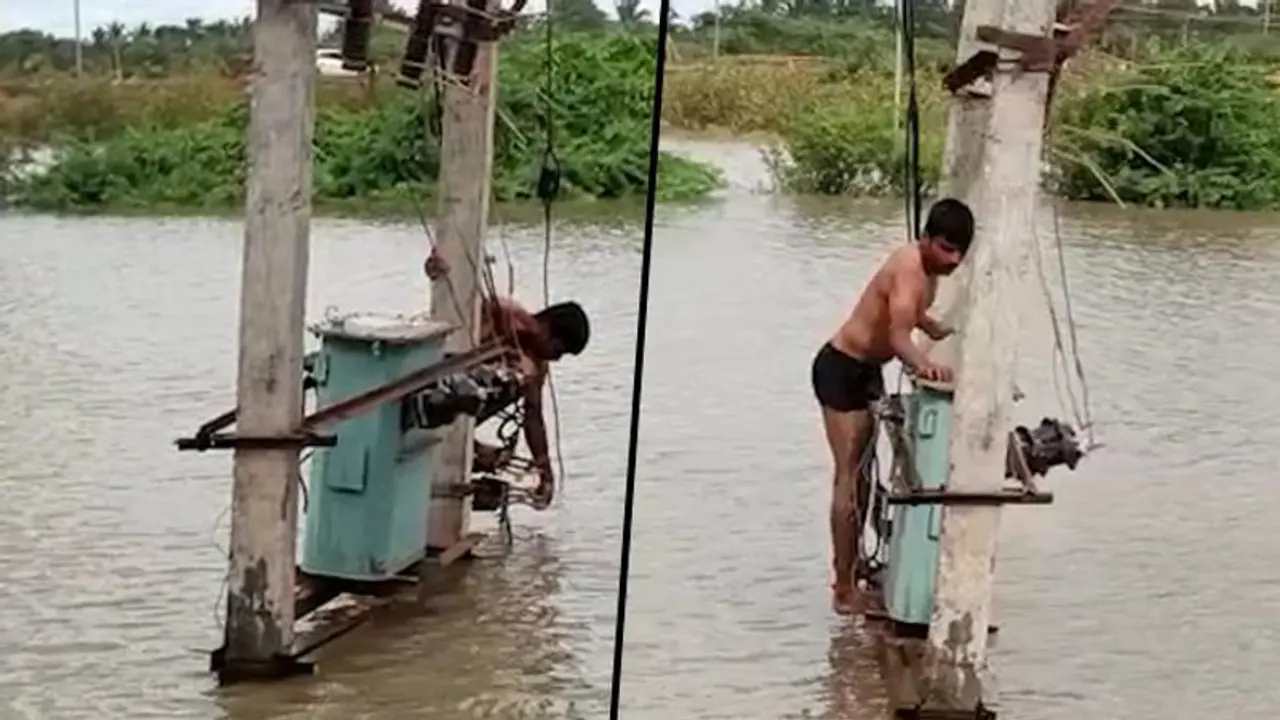 Lineman in Karnataka braves flood to switch on transformer, provide drinking water to marooned villages