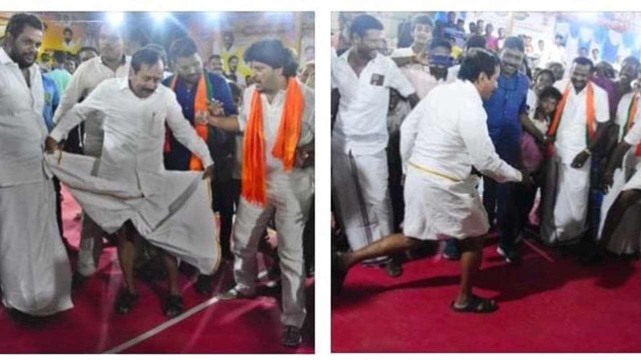 வேட்டியை மடித்து கட்டி கபடி களத்தில் இறங்கிய எச்.ராஜா..! ரைடு சென்று எதிரணியை அவுட் ஆக்கி அசத்தல் வேட்டியை மடித்து கட்டி கபடி களத்தில் இறங்கிய எச்.ராஜா..! ரைடு சென்று எதிரணியை அவுட் ஆக்கி அசத்தல்