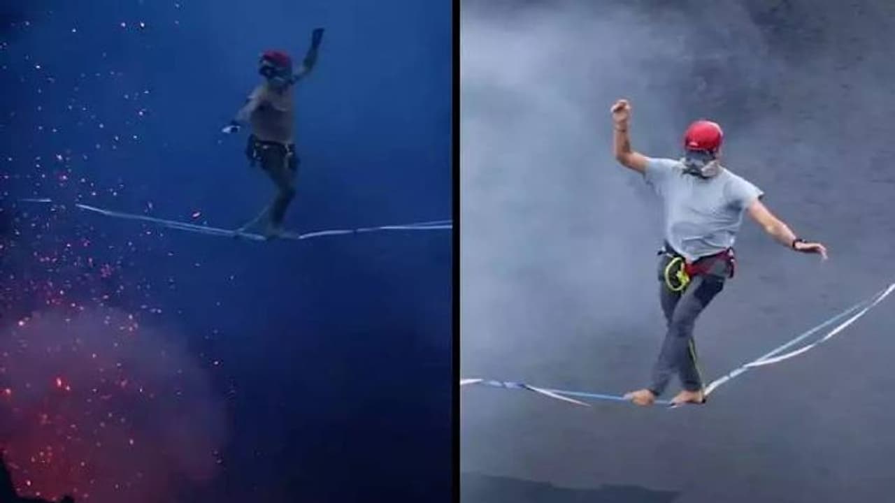 കത്തിയെരിയുന്ന അഗ്നിപർവതത്തിന് മുകളിലൂടെ സ്ലാക്ക് ലൈനിംഗ്, പിന്നാലെ ലോക റെക്കോർഡ് കത്തിയെരിയുന്ന അഗ്നിപർവതത്തിന് മുകളിലൂടെ സ്ലാക്ക് ലൈനിംഗ്, പിന്നാലെ ലോക റെക്കോർഡ്