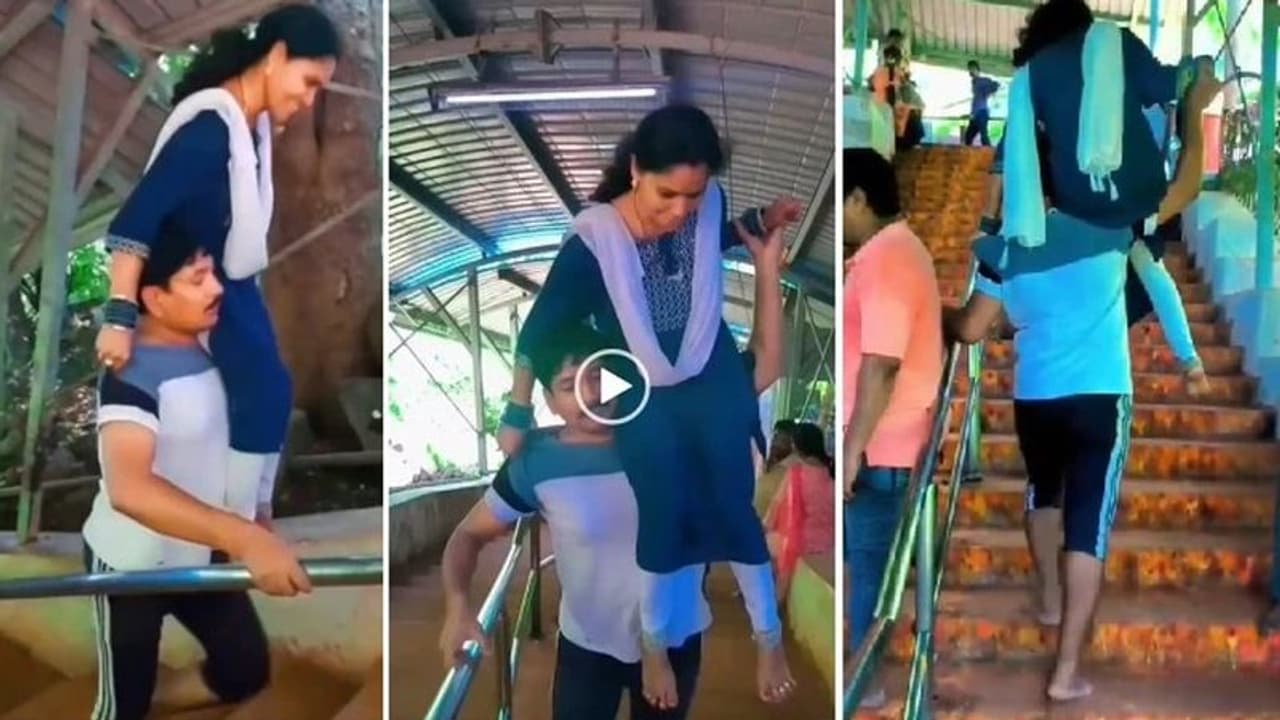 ವೆಂಕಟೇಶ ಗೋವಿಂದ... ಪತ್ನಿಯ ಹೆಗಲ ಮೇಲೆ ಕೂರಿಸಿಕೊಂಡು ತಿರುಪತಿ ಬೆಟ್ಟವೇರಿದ ಪತಿ