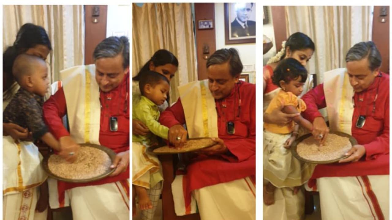 വിജയദശമി ദിനത്തില്‍ കുരുന്നുകളെ അക്ഷരലോകത്തേക്ക് കൈപിടിച്ച് എഴുതിച്ച് ശശി തരൂർ; ചിത്രങ്ങൾ