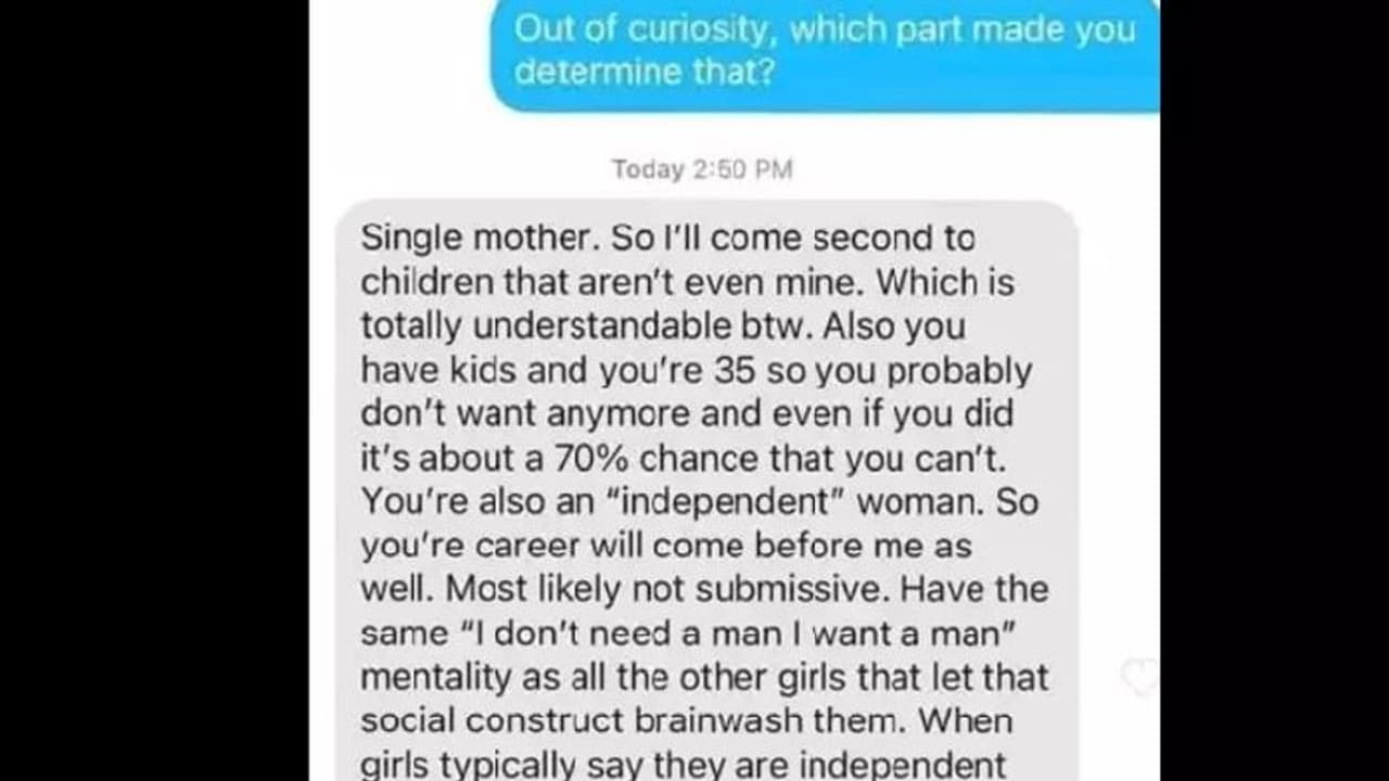 ഡേറ്റിംഗ് ആപ്പില് അയച്ച മെസേജ് വൈറല്; 'സെക്സിസ്റ്റ്' തന്നെയെന്ന് വിമര്ശനം ഡേറ്റിംഗ് ആപ്പില് അയച്ച മെസേജ് വൈറല്; 'സെക്സിസ്റ്റ്' തന്നെയെന്ന് വിമര്ശനം