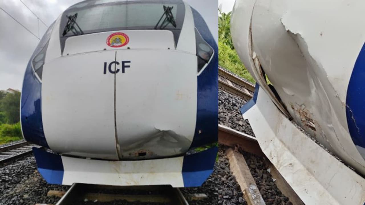 വന്ദേഭാരത് എക്സ്പ്രസ് വീണ്ടും അപകടത്തില്പ്പെട്ടു; ഇത്തവണ ഇടിച്ചത് പശുവിനെ, മുന്ഭാഗം തകര്ന്നു വന്ദേഭാരത് എക്സ്പ്രസ് വീണ്ടും അപകടത്തില്പ്പെട്ടു; ഇത്തവണ ഇടിച്ചത് പശുവിനെ, മുന്ഭാഗം തകര്ന്നു