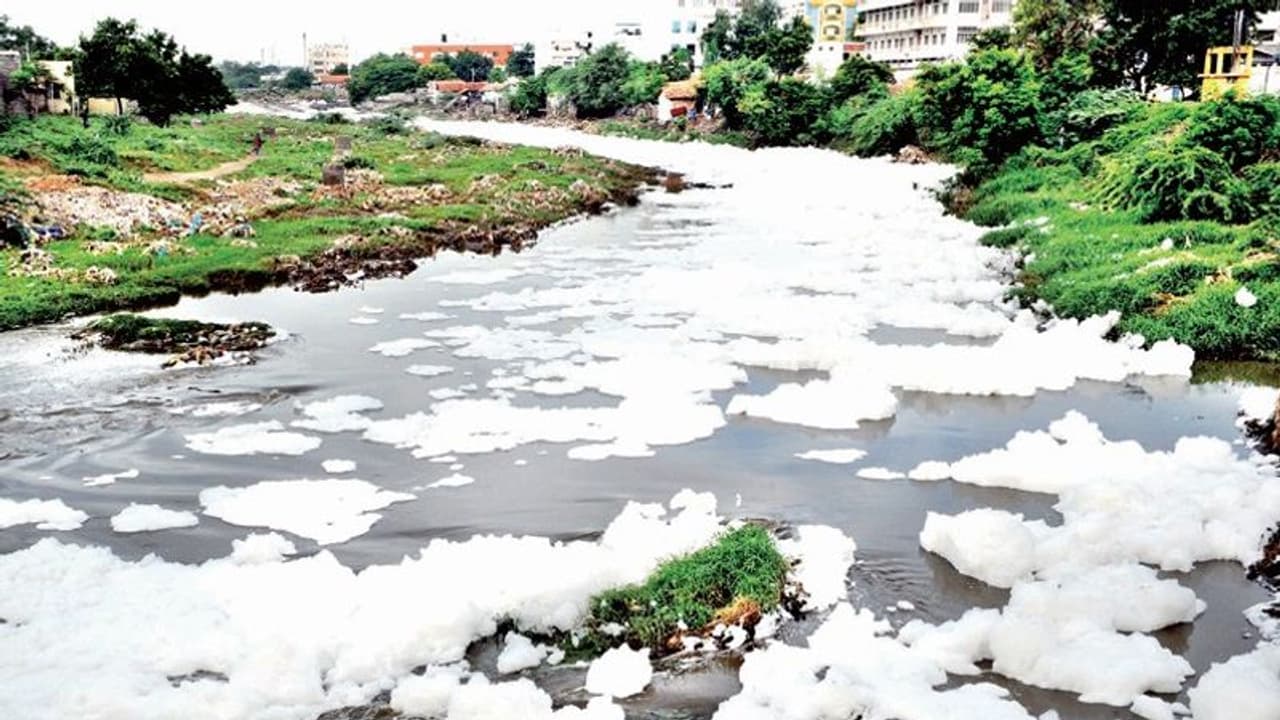 கோவை நொய்யல் ஆற்றில் பல அடி உயரத்திற்கு பொங்கி எழும் நுரை