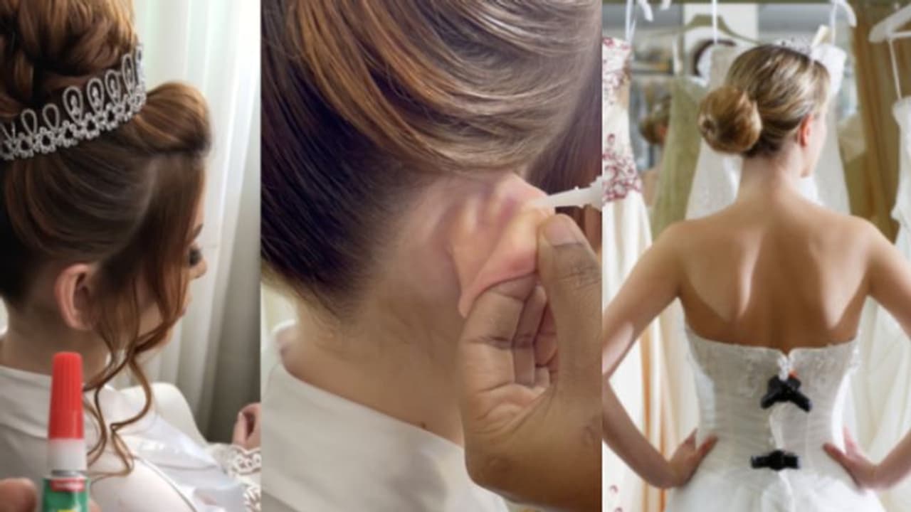 വിവാഹ ദിവസത്തെ ലുക്ക് അടിപൊളിയാക്കാന് ചെവി സൂപ്പര് ഗ്ലൂ വച്ച് ഒട്ടിച്ച് വധു വിവാഹ ദിവസത്തെ ലുക്ക് അടിപൊളിയാക്കാന് ചെവി സൂപ്പര് ഗ്ലൂ വച്ച് ഒട്ടിച്ച് വധു