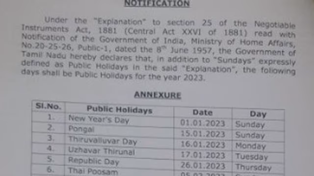 Tamilnadu Government holidays 2023 : தமிழ்நாடு அரசு 2023ஆம் ஆண்டுக்கான விடுமுறை நாட்கள் அறிவிப்பு Tamilnadu Government holidays 2023 : தமிழ்நாடு அரசு 2023ஆம் ஆண்டுக்கான விடுமுறை நாட்கள் அறிவிப்பு