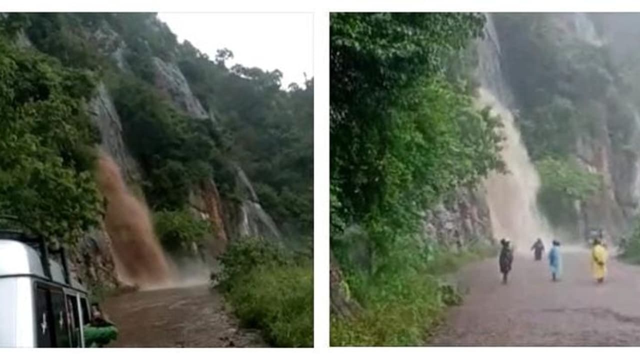 போடிமெட்டு சாலையில் திடீரென ஏற்பட்ட நீர் வீழ்ச்சி..! வெள்ளப்பெருக்கால் போக்குவரத்திற்கு தடை