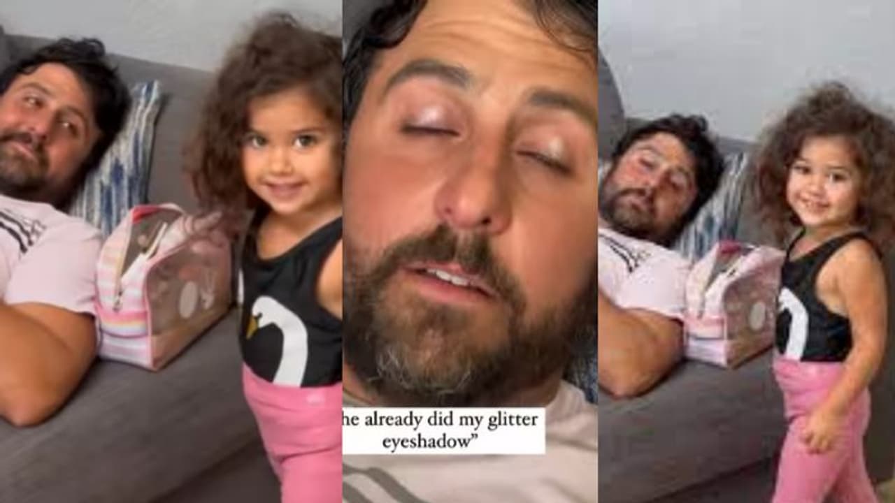 'ഗ്ലിറ്റര്‍ ഐഷാഡോ' എങ്ങനെയുണ്ട്? അച്ഛന് മേക്കപ്പ് ചെയ്യുന്ന കുറുമ്പി; വൈറലായി വീഡിയോ 