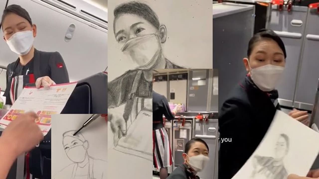 ವಿಮಾನದಲ್ಲಿ ಗಗನಸಖಿಯ ಚಿತ್ರ ಬಿಡಿಸಿ ಗಿಫ್ಟ್ ನೀಡಿದ ಪ್ರಯಾಣಿಕ: ವಿಡಿಯೋ ವೈರಲ್