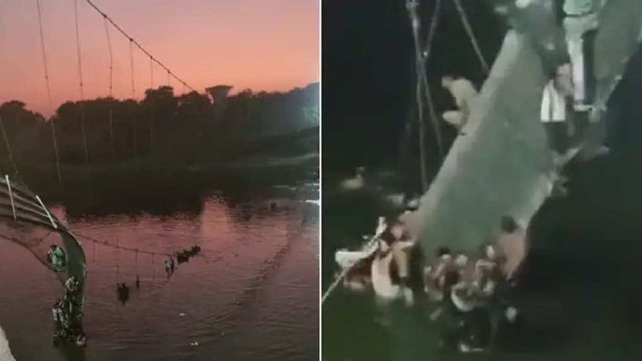 Gujaratನಲ್ಲಿ ಕುಸಿದ ತೂಗು ಸೇತುವೆ: 60ಕ್ಕೂ ಹೆಚ್ಚು ಮೃತದೇಹಗಳು ಹೊರಕ್ಕೆ; ಇನ್ನೂ ಹಲವರು ಅಪಾಯದಲ್ಲಿ ಸಿಲುಕಿರುವ ಶಂಕೆ..! Gujaratನಲ್ಲಿ ಕುಸಿದ ತೂಗು ಸೇತುವೆ: 60ಕ್ಕೂ ಹೆಚ್ಚು ಮೃತದೇಹಗಳು ಹೊರಕ್ಕೆ; ಇನ್ನೂ ಹಲವರು ಅಪಾಯದಲ್ಲಿ ಸಿಲುಕಿರುವ ಶಂಕೆ..!