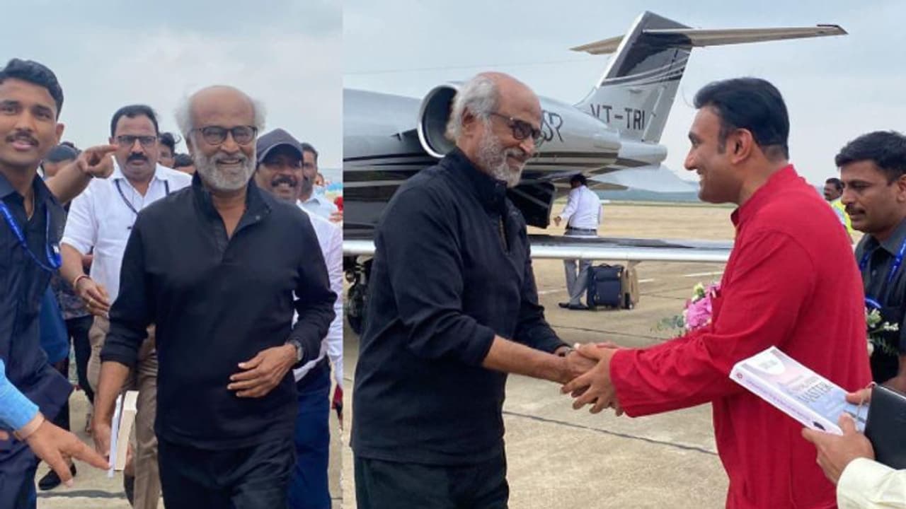 அரசு விழாவில் பங்கேற்க தனி விமானத்தில் கெத்தாக வந்த ரஜினி... ஓடோடி வந்து வரவேற்ற அமைச்சர் வைரல் வீடியோ