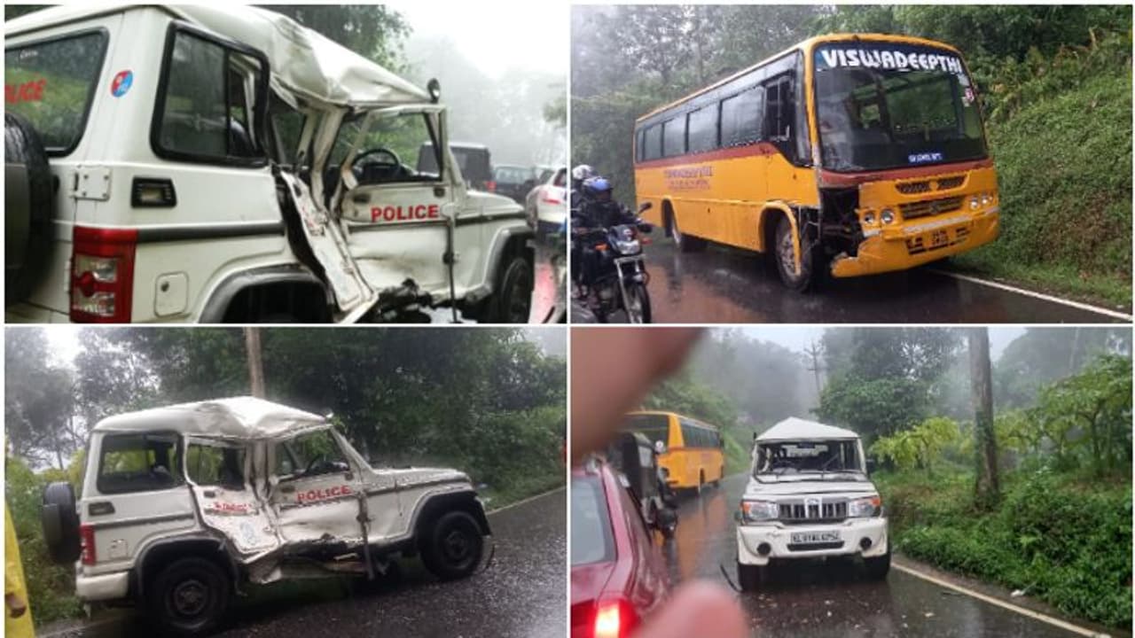 സ്കൂൾ ബസും പൊലീസ് ജീപ്പും വളവിൽ കൂട്ടിയിടിച്ച് അപകടം, 5 പേർക്ക് പരിക്ക്, 2 പേരെ മെഡിക്കൽ കോളേജിലേക്ക് മാറ്റി സ്കൂൾ ബസും പൊലീസ് ജീപ്പും വളവിൽ കൂട്ടിയിടിച്ച് അപകടം, 5 പേർക്ക് പരിക്ക്, 2 പേരെ മെഡിക്കൽ കോളേജിലേക്ക് മാറ്റി