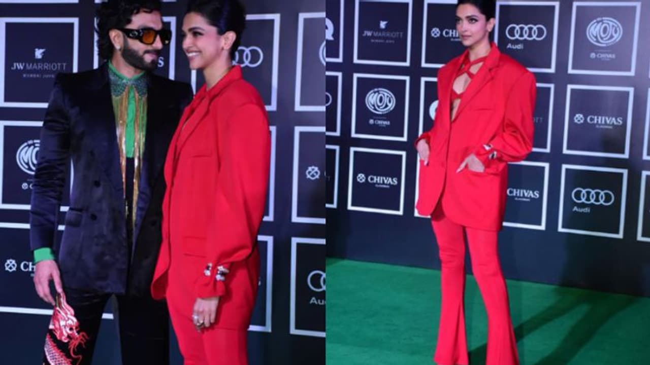 റെഡ് പാന്‍റ്സ്യൂട്ടില്‍ സ്റ്റൈലിഷായി ദീപിക, ഒപ്പം കൂളായി രണ്‍വീര്‍; ചിത്രങ്ങള്‍ വൈറല്‍