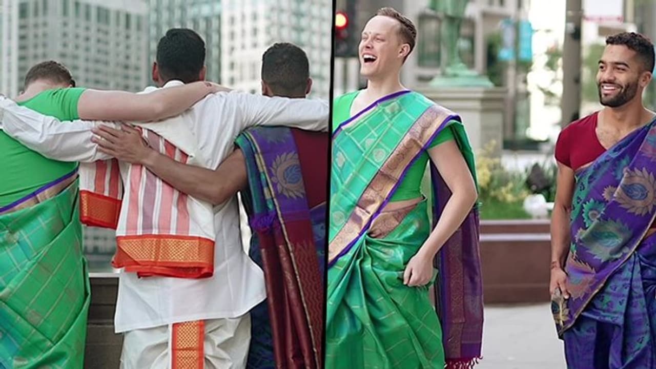 Male friends surprise Indian groom by walking down Chicago street in sarees; check his reaction