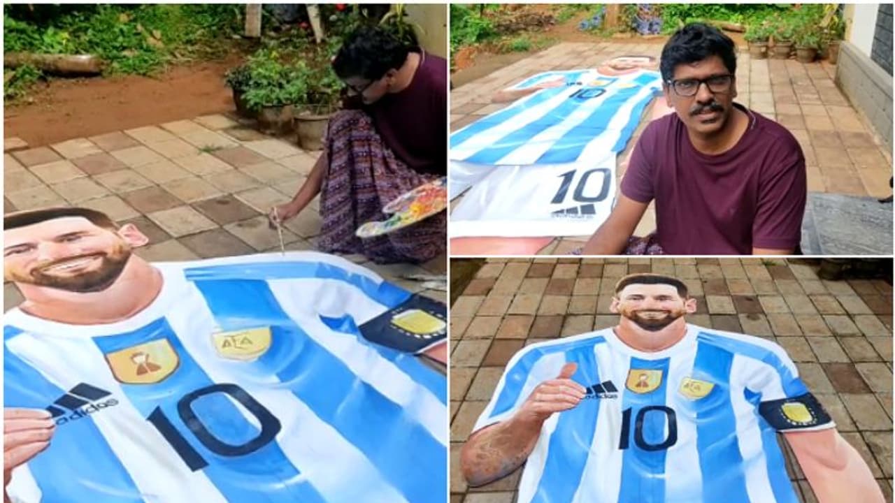 അമ്പമ്പോ വമ്പൻ, ഫ്ലക്സല്ല കൈപ്പണിയാ; മെസിയുടെ കൂറ്റന്‍ കട്ടൗട്ട് വരച്ച് ആരാധകൻ, ഉയരം ഞെട്ടിക്കും, ചിലവ്!