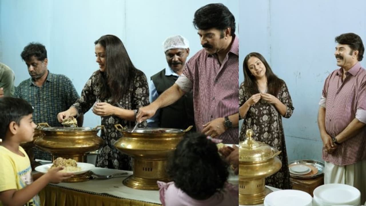 സഹപ്രവർത്തകർക്ക് ഭക്ഷണം വിളമ്പി മമ്മൂട്ടിയും ജ്യോതികയും; 'കാതല്‍' ഷൂട്ടിംഗ് പൂര്‍ത്തിയാക്കി നടൻ