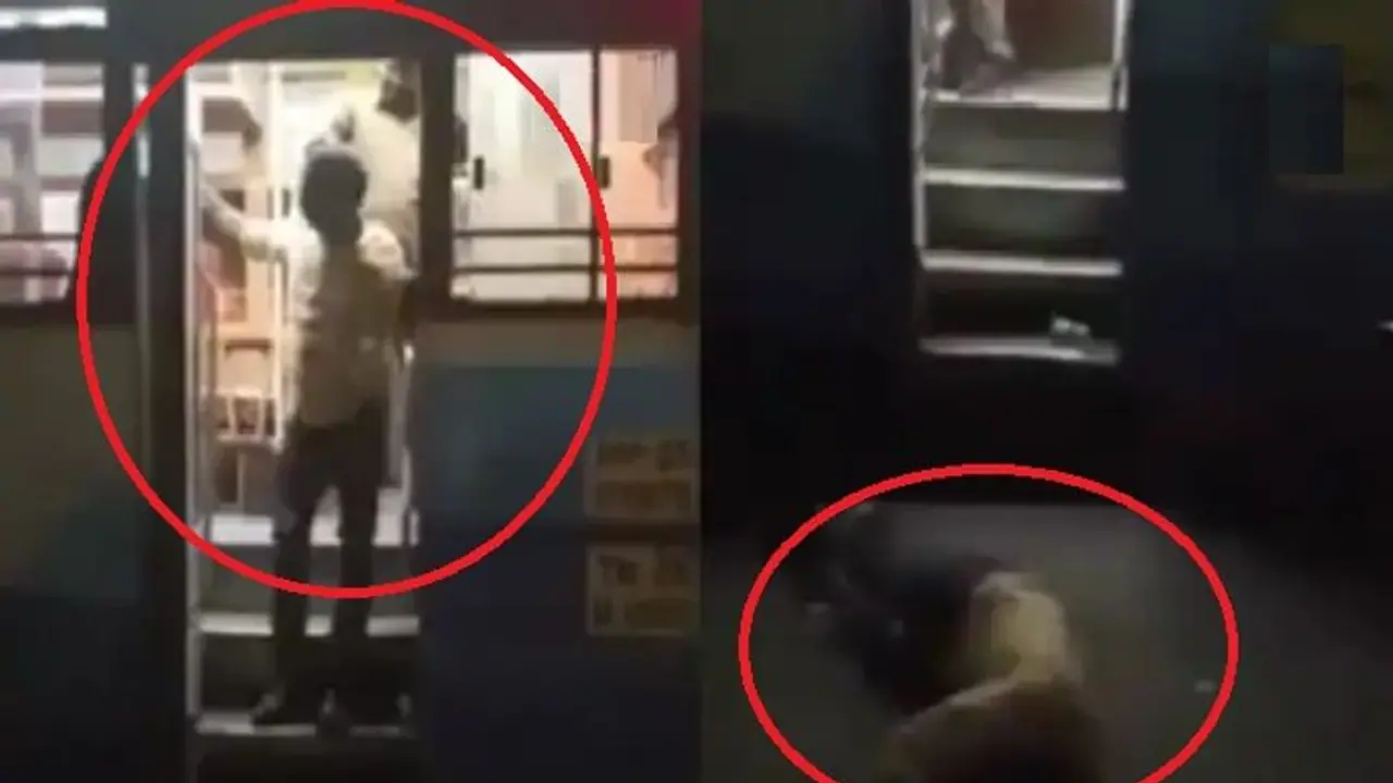 மதுபோதையில் ரகளை செய்தவரை பேருந்தில் இருந்து தள்ளிவிட்ட நடத்துனர்… வைரலாகும் வீடியோ!! 