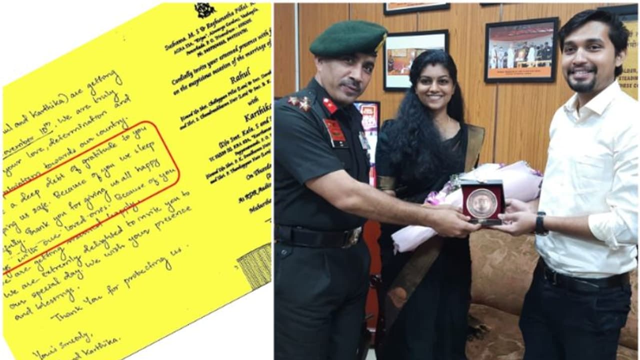 സൈന്യത്തെ വിവാഹത്തിന് ക്ഷണിച്ചു; രാഹുലിനും കാർത്തികയ്ക്കും സൈന്യത്തിന്റെ 'വിവാഹസമ്മാനം' സൈന്യത്തെ വിവാഹത്തിന് ക്ഷണിച്ചു; രാഹുലിനും കാർത്തികയ്ക്കും സൈന്യത്തിന്റെ 'വിവാഹസമ്മാനം'