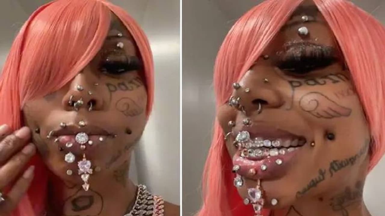 മുഖം മുഴുവൻ സ്റ്റഡ്, പല വർണ്ണത്തിലുള്ള ടാറ്റൂ, വൈറൽ മുത്തശ്ശി മുഖം മുഴുവൻ സ്റ്റഡ്, പല വർണ്ണത്തിലുള്ള ടാറ്റൂ, വൈറൽ മുത്തശ്ശി