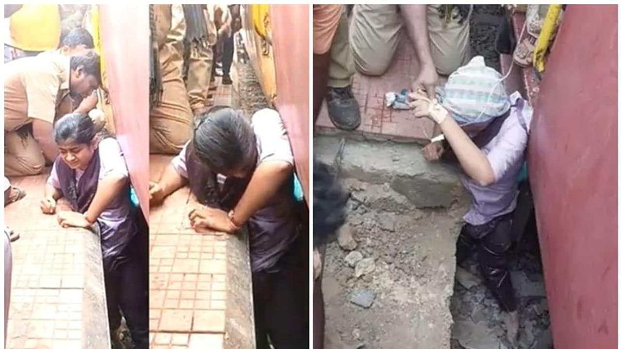 ರೈಲು ಫ್ಲಾಟ್ಫಾರ್ಮ್ ನಡುವೆ ಸಿಲುಕಿಕೊಂಡ ಯುವತಿ, ಫ್ಲಾಟ್ಫಾರ್ಮ್ ಒಡೆದು ರಕ್ಷಣೆ ಮಾಡಿದ ಸಿಬ್ಬಂದಿ! ರೈಲು ಫ್ಲಾಟ್ಫಾರ್ಮ್ ನಡುವೆ ಸಿಲುಕಿಕೊಂಡ ಯುವತಿ, ಫ್ಲಾಟ್ಫಾರ್ಮ್ ಒಡೆದು ರಕ್ಷಣೆ ಮಾಡಿದ ಸಿಬ್ಬಂದಿ!