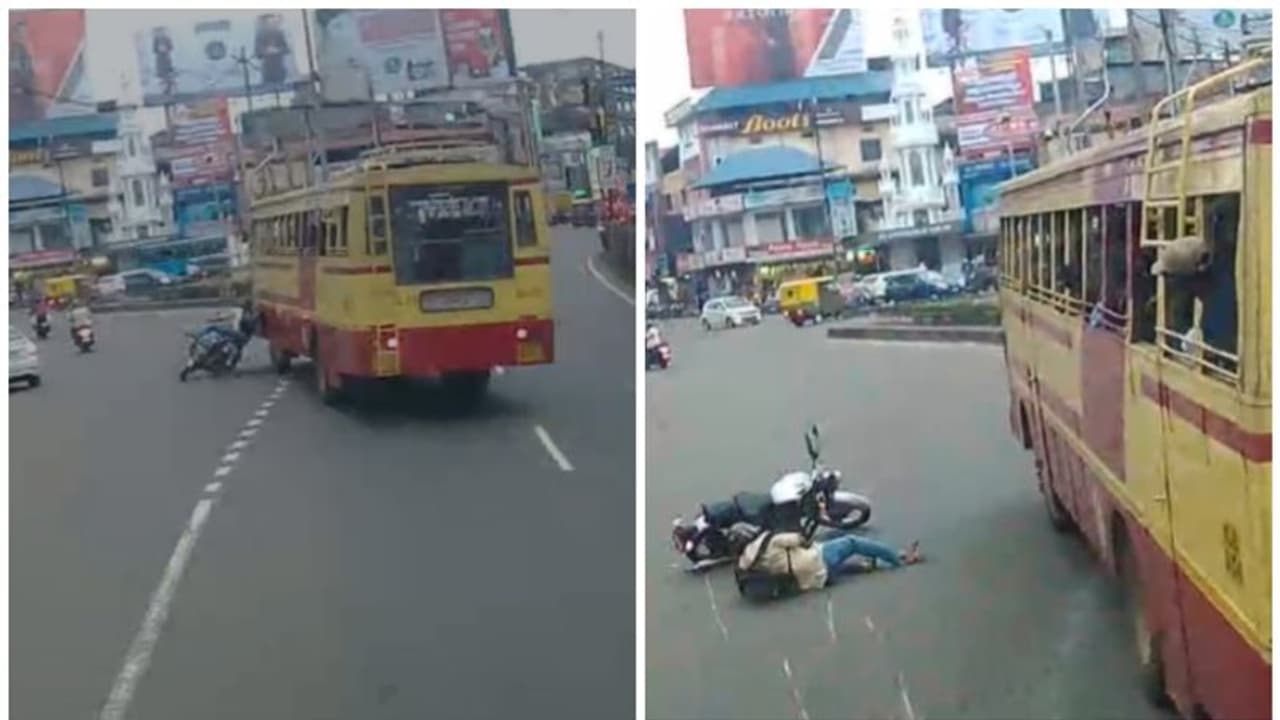 കെഎസ്ആർടിസി ബസ് ബൈക്കിൽ ഇടിച്ചു, ബൈക്ക് യാത്രികൻ രക്ഷപ്പെട്ടത് തലനാരിഴക്ക് കെഎസ്ആർടിസി ബസ് ബൈക്കിൽ ഇടിച്ചു, ബൈക്ക് യാത്രികൻ രക്ഷപ്പെട്ടത് തലനാരിഴക്ക്