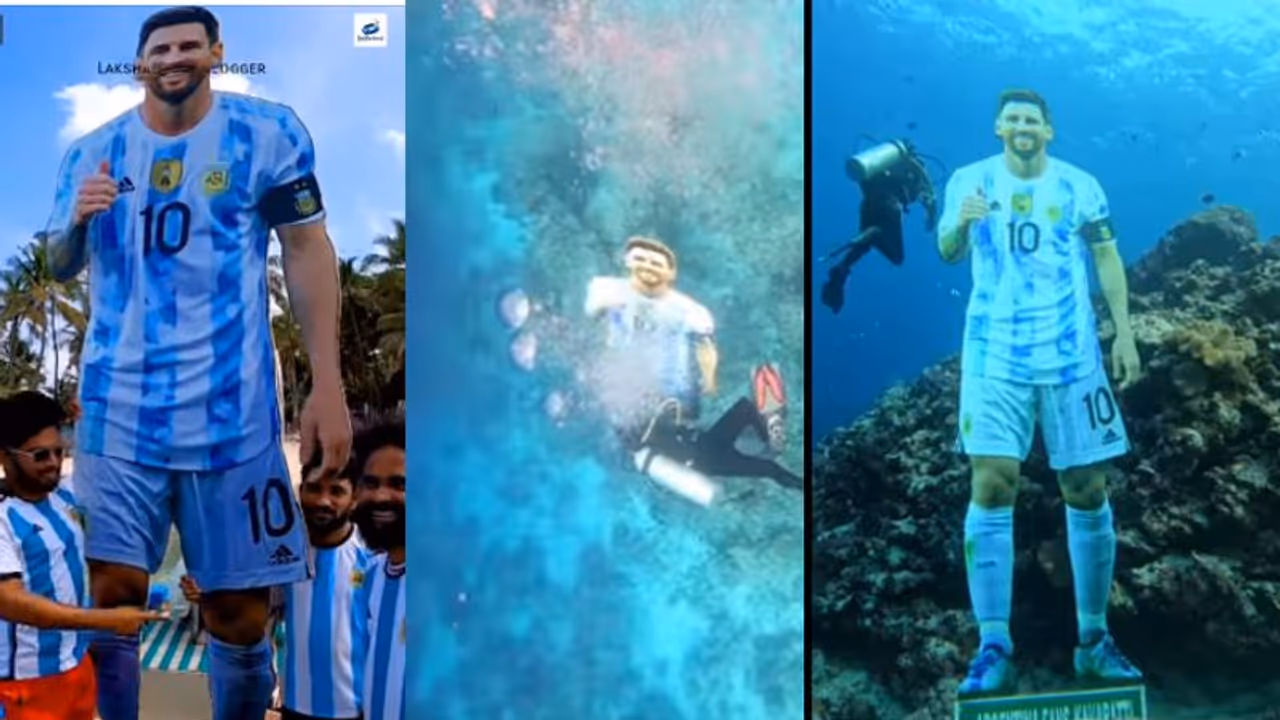 പവിഴപ്പുറ്റുകളെക്കാള്‍ തിളക്കത്തില്‍ മിശിഹ,പുഴയില്‍ മാത്രമല്ല കടലാഴങ്ങളിലും മെസിയുടെ കൂറ്റന്‍ കട്ടൗട്ട് വീഡിയോ